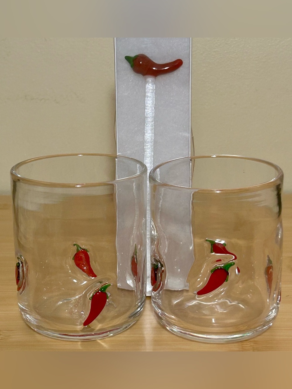 Anthropologie Icon Juice Glass Chili Pepper 2 Glasses + Stir Stick NEW No Box